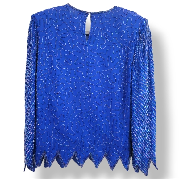 Denise Elle Royal Blue Beaded 100% Silk Formal Blouse Top‎ Size Medium - Picture 3 of 7